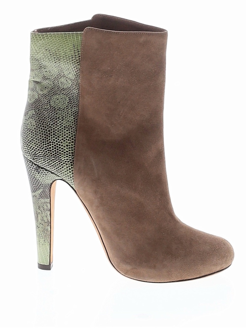 Malone Souliers Brown Suede Ankle Boot with Green Snake-Print Heel